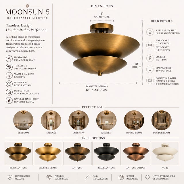 Brass Minimalist Antique Brass Flush Mount Ceiling Light,Handmade Brass Low Ceiling Light, Mid Century Saucer Light for Bedroom Hallway Entryway For Sale - Image 8 of 9