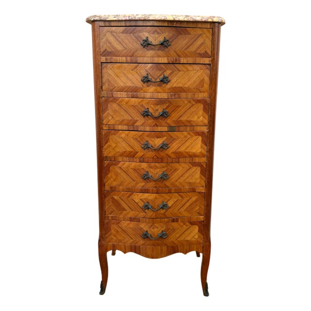 French Marquetry Chest of Drawers with Marble Top, 1940s For Sale