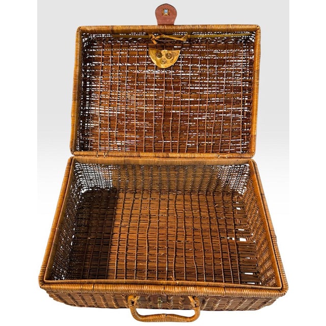Vintage Handwoven Wicker Suitcase Picnic Basket Hamper with Leather Strap and Brass Turn Lock Closure Brimming with...