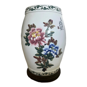 Vintage Chinese White Porcelain Garden (Drum) Stool With Green Bamboo, Pink & Blue Flowers, Side Table on Custom Rosewood Wood Display Stand