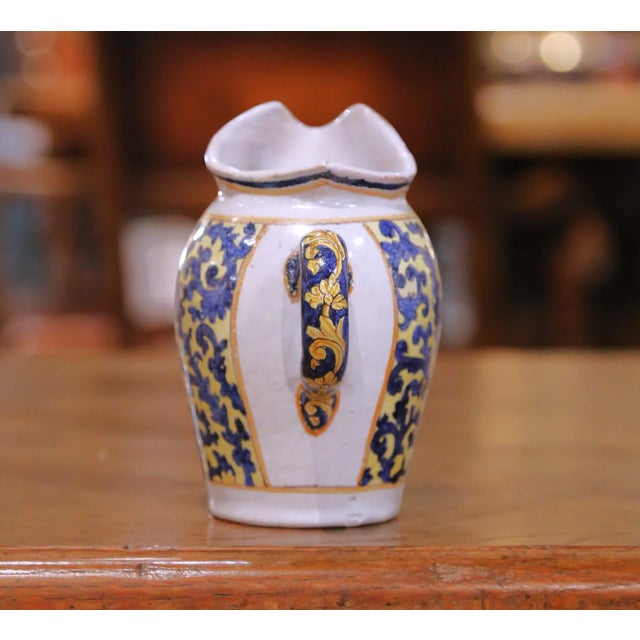 Ceramic Pair of 19th Century French Quimper Faience Jugs With Breton Figures and Floral For Sale - Image 7 of 13