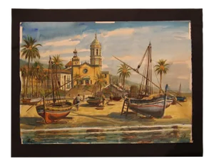Naturalistic Watercolor European Harbor Scene 19th Century
