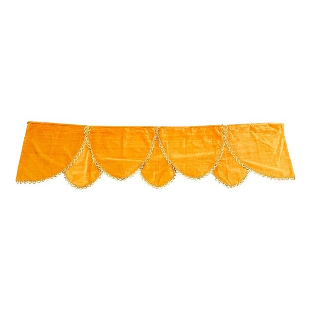 Vintage Mid-Century Golden Marigold Velvet Scalloped Window Valance Panel - 98” X 24.5” For Sale