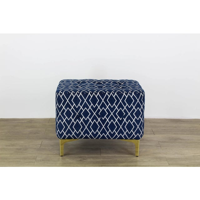 2010s Blue & Cream Geometric Ottomans on Metal Legs - a Pair For Sale - Image 5 of 9