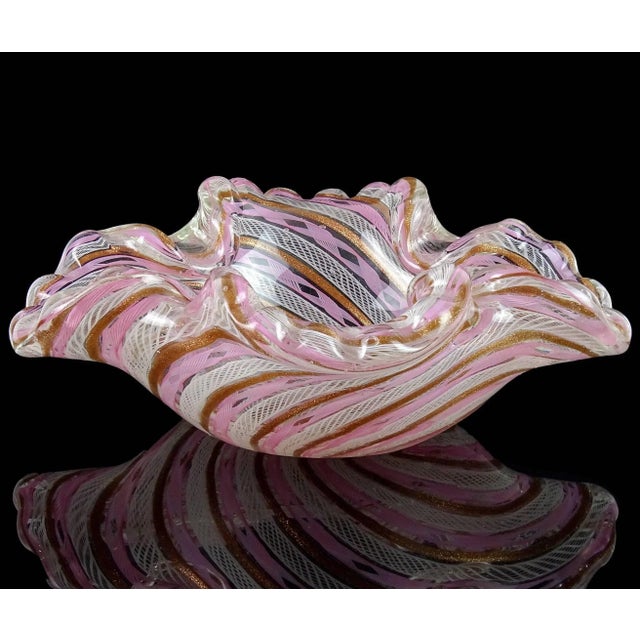 Murano Vintage Murano Fratelli Toso Pink White Copper Aventurine Ribbons Italian Art Glass Scalloped Rim Bowl For Sale - Image 4 of 4