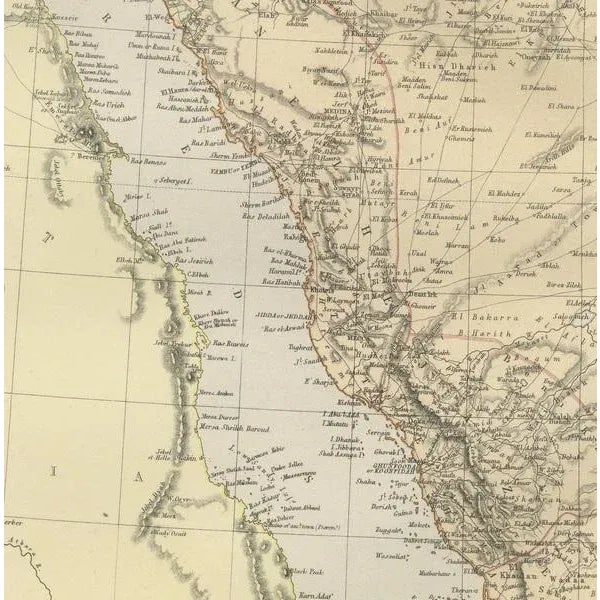 This print is a historically significant map titled "Arabia, the Red Sea, and the Persian Gulf," originally published in...