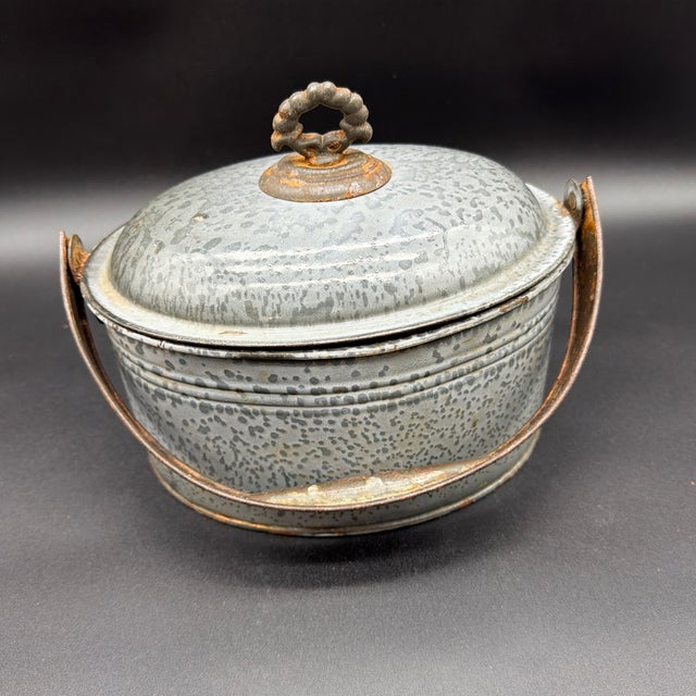 A Rare Antique Gray Agateware Oval Lunch Pail With Agate Lid, Circa 1900 For Sale - Image 11 of 12