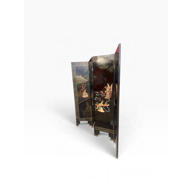 Vintage Chinese Chinoiserie Four-Panel Hand-Painted Black Lacquer Folding Screen For Sale - Image 4 of 14