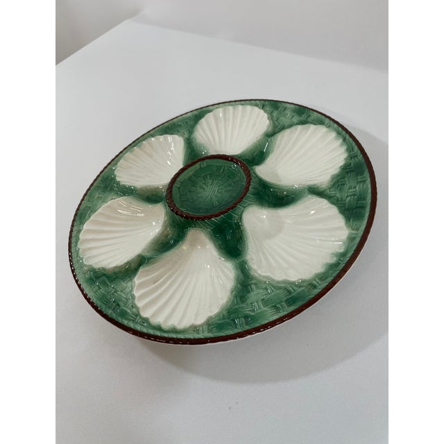 1920s 1920s Antique French Longchamp Majolica Green and White Oyster Plate For Sale - Image 5 of 14
