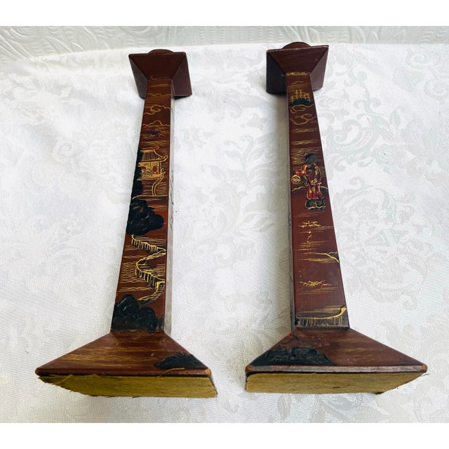 Brick Red Pair of Antique 1890s Japanese Lacquer Candlesticks For Sale - Image 8 of 11