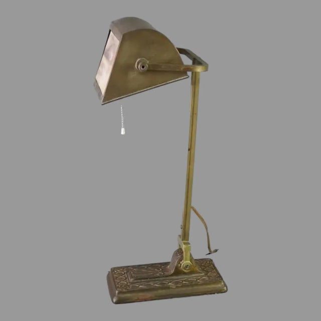 Antique Arts & Crafts Brass & Slag Glass Bankers Desk Table Lamp For Sale - Image 6 of 11