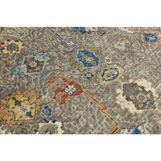 Modern Oushak Style Hand-Knotted Wool Area Rug in Taupe Grey With Vibrant Floral For Sale - Image 9 of 12