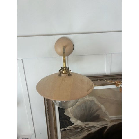 Tan Mid-Century Modern Wood Shade Wall Sconce With Glass Globe For Sale - Image 8 of 11