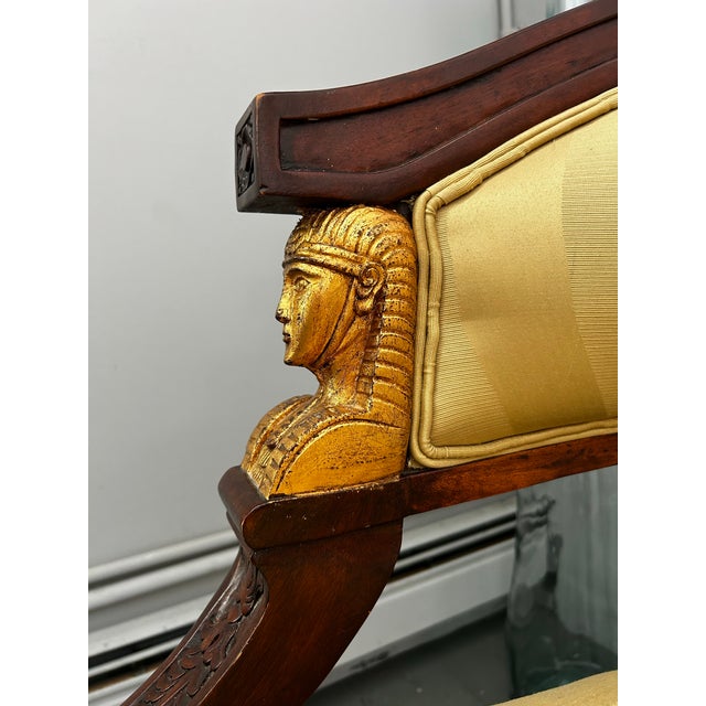Chestnut Antique Pair of Art Nouveau Egyptian Revival Carved Wood and Gilt Statement Chairs For Sale - Image 8 of 10