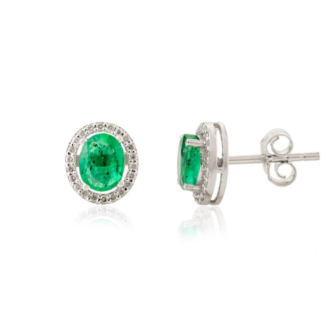 Art Nouveau 1.14ct Vibrant Columbian Emerald Halo Diamond Stud Earrings- 2 Pieces For Sale - Image 3 of 11
