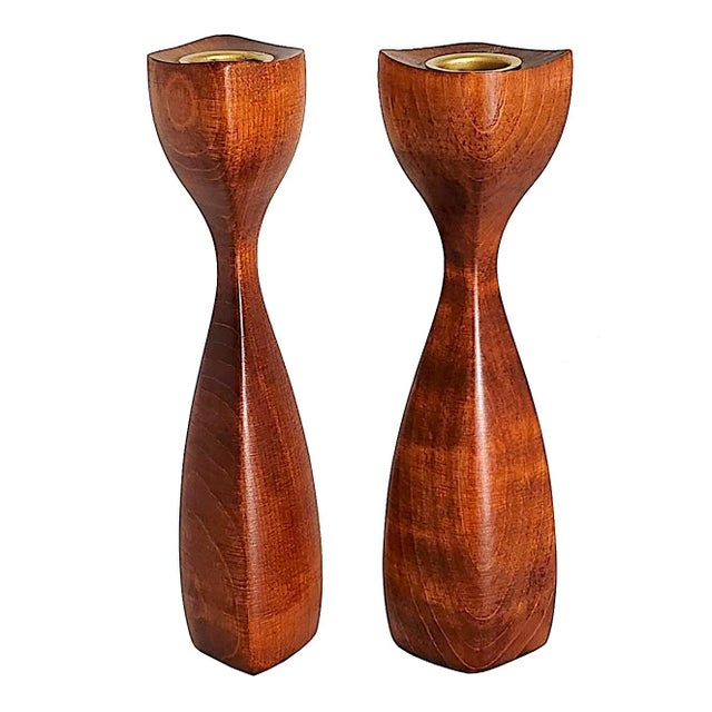 1960s Danish Teak Wood Carved "Tulip" Candlesticks, a Pair For Sale In Miami - Image 6 of 11