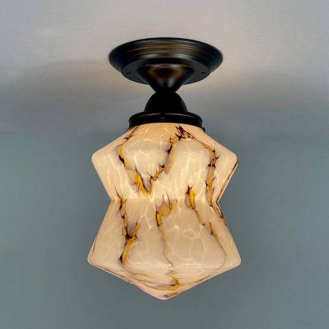 Art Deco Pale Rose Marbled Opaline Glass and Burnished Flush Mount, Germany, 1930s For Sale - Image 11 of 18