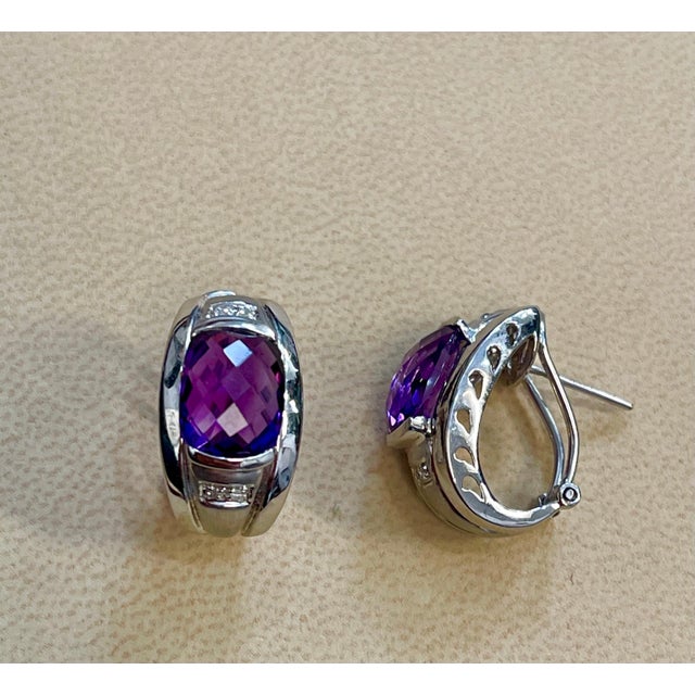 6 Carat Amethyst and Diamond 14 Karat White Gold Earrings, Omega Back For Sale - Image 11 of 18