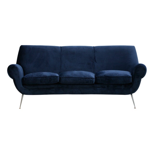 Italian Curved Sofa in Navy Blue Cotton Velvet by Gigi Radice for Minotti, 1950s For Sale