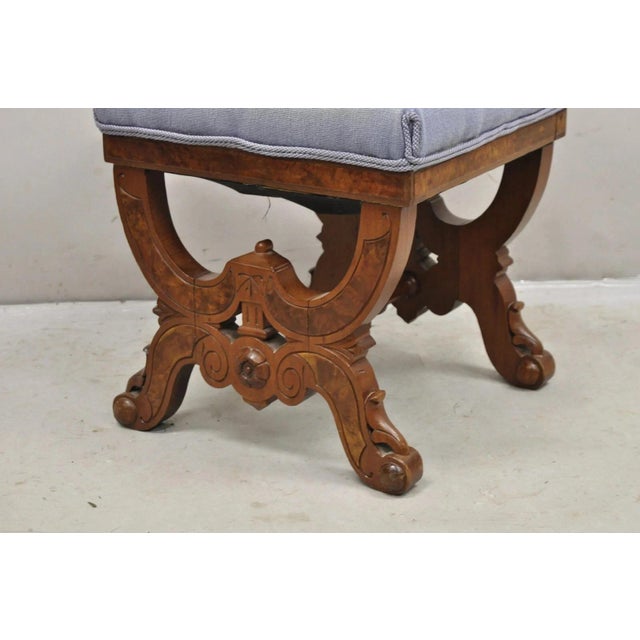 Antique Eastlake Victorian Burl Walnut Carved Curule Footstool Ottoman Stool For Sale - Image 4 of 11