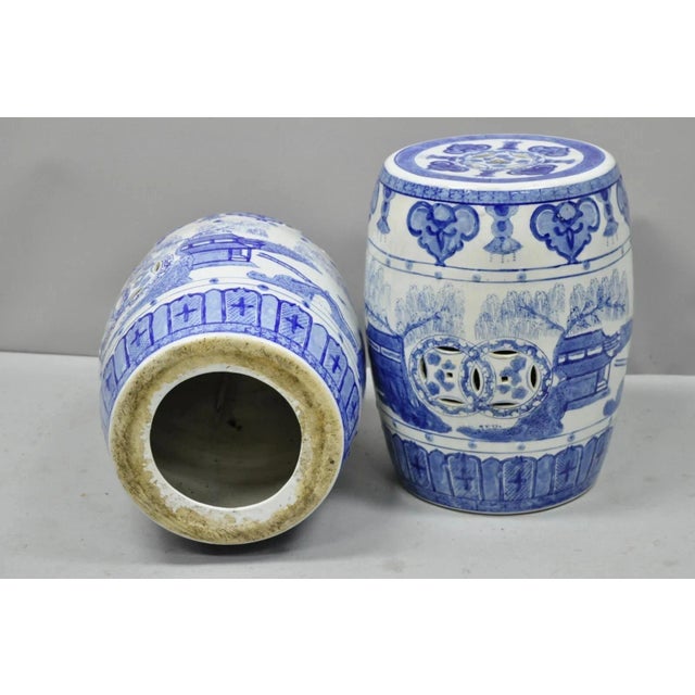 Vintage Chinese Oriental Blue & White Porcelain Garden Drum Seat Table - A Pair For Sale - Image 9 of 9