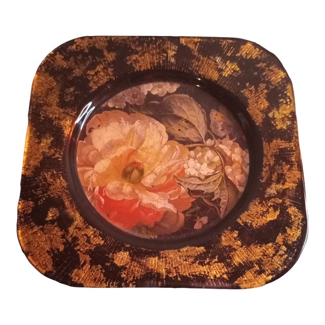 Vintage Signed Lesley Roy Gold Aventurine Floral Plate For Sale