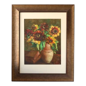 Early 1900s French Still Life Painting of Sunflowers