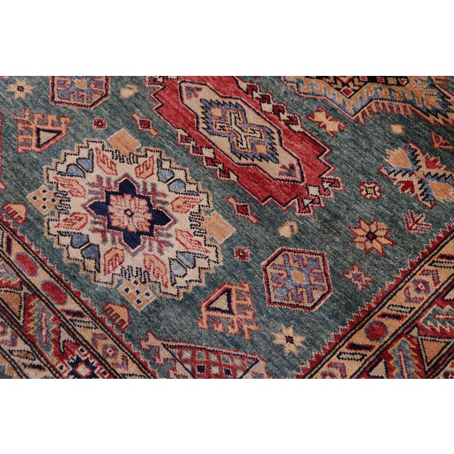 Shabby Chic Southwestern Super Kazak Green/Red Wool Rug - 4'2'' X 5'11'' For Sale - Image 3 of 10