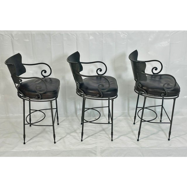 Modern 1990s Industrial Steel Counter Stools With Leather Seats, Set of 3 For Sale - Image 3 of 18