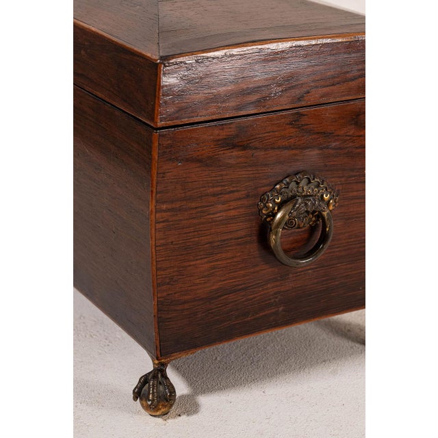 Early 19th Century Early 19th Century Georgian Rosewood Tea Caddy With Brass Handles + Brass Claw Feet | Original Fittings + Green Interior For Sale - Image 5 of 10