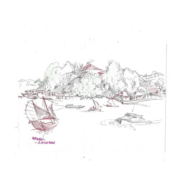 1950s Ivy Attwell Watercolor of Coastal Singapore For Sale