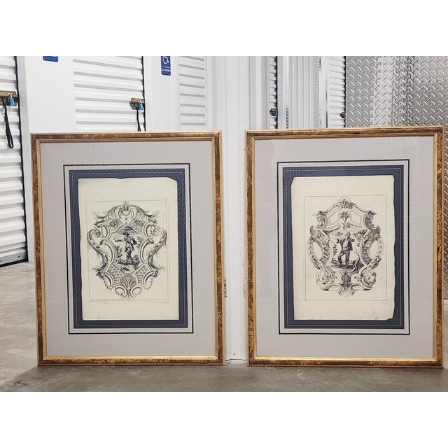 Soicher Marin pair of Johan Jacob Baumgartner (1681-1721) blue decorative scenes with figures. Signed in plate, they are...