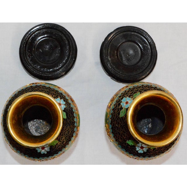 Pair of Chinese Cloisonne Vases on Lacquered Wooden Stands For Sale - Image 4 of 9