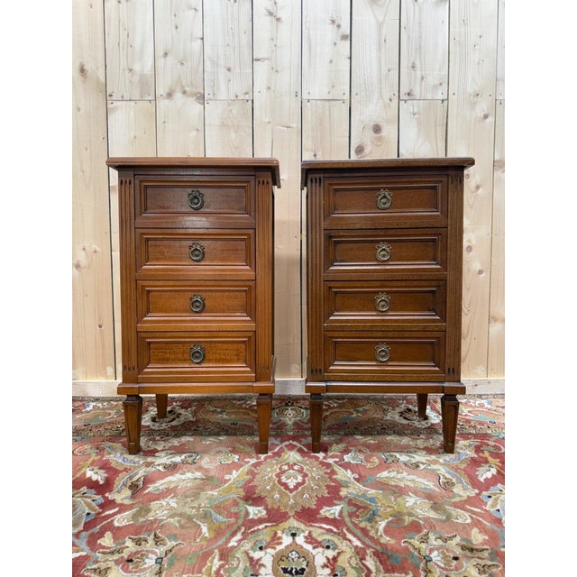 Wood Louis XVI Bedside Tables in Stained Wood and Brass, 1970s, Set of 2 For Sale - Image 7 of 7