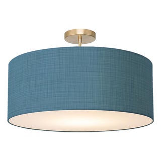 Stretch Semi Flush Mount, Turquoise Linen Shade, Weathered Brass For Sale