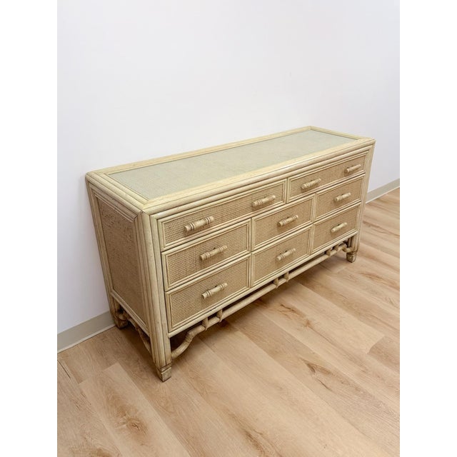 Hollywood Regency Mid 20th Century Coastal Ficks Reed Style Faux Bamboo Woven Nine Drawer Dresser, Wicker For Sale - Image 3 of 13
