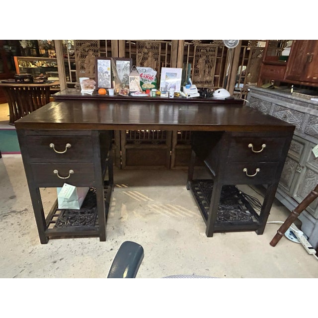 Chinese Dark Brown Panel Carving Wood Editor Office Writing Desk Table Cs6960 For Sale - Image 11 of 12