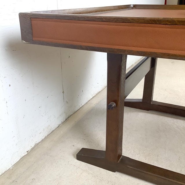 Vintage Studio-Made Square End Table With Cognac Leather Inset Top & Architectural Trestle Base, Mid-Century For Sale - Image 9 of 18