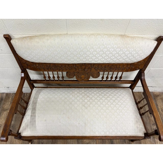 Wood Antique Carved Spindle Back Carved Upholstered Settee For Sale - Image 7 of 10