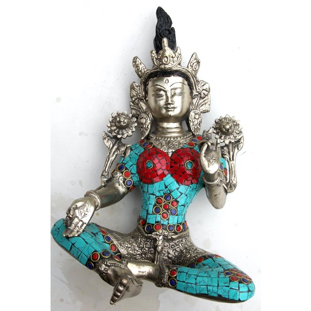 Mid-Century Tibetan-Style Inlaid Brass Green Tara Statue – 11" H For Sale - Image 9 of 18