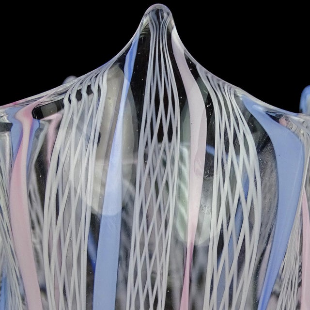 Murano Fazzoletto White Pink Blue Ribbons Italian Art Glass Handkerchief Flower Vanity Vase For Sale In Orlando - Image 6 of 6