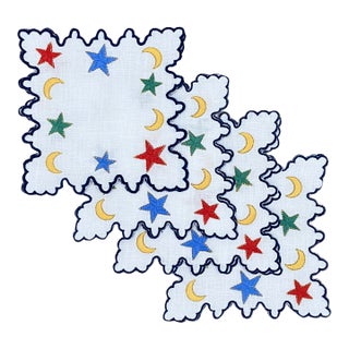 Stars and Moons Hand Embroidered Cocktail Napkins- Set of 4 For Sale