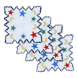 Stars and Moons Hand Embroidered Cocktail Napkins- Set of 4