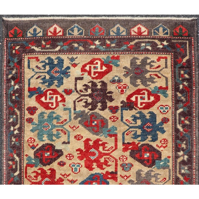 Mid 20th Century Vintage Turkish Oushak Rug With Bold Red, Blue, and Gray Tribal Motifs For Sale - Image 5 of 10