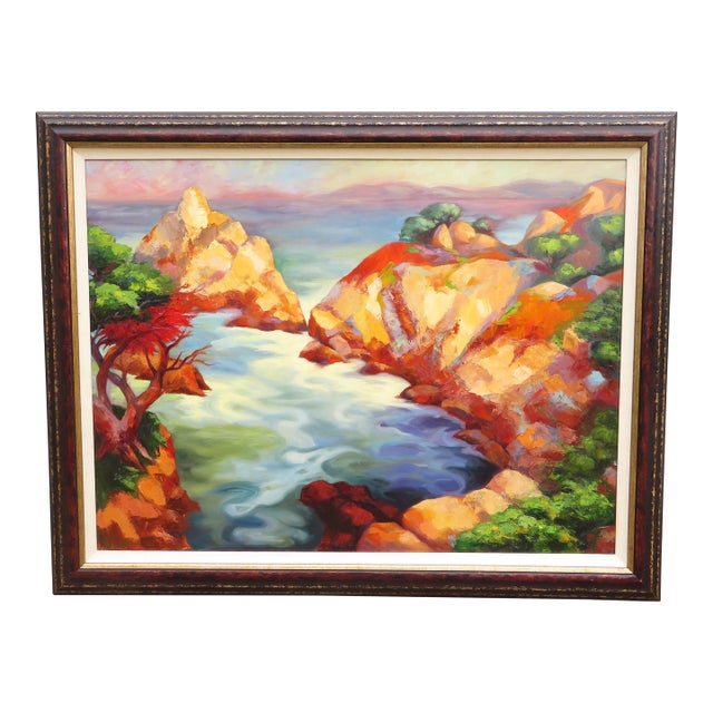 Late 20th Century Large Contemporary West Coast Ocean Cliffs Seascape Oil Painting ~ California or Pacific Northwest Bluffs Art For Sale