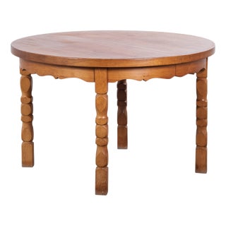 Brutalist Round Oak Dining Table with Three Extension Leaves, Denmark, 1960s For Sale