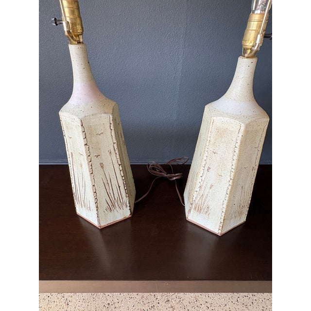 1970s Organic Modern Table Lamps in Stoneware & Brass - a Pair For Sale - Image 17 of 17