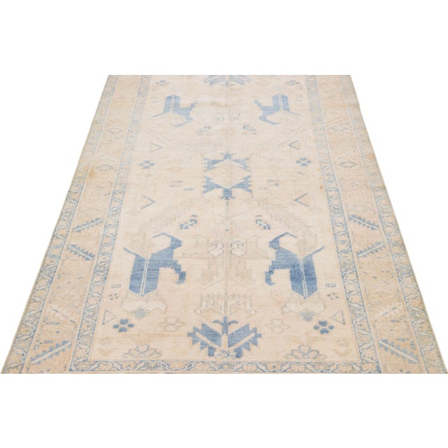 Persian Antique Persian Heriz Handmade Beige & Blue Wool Rug With Geometric Design For Sale - Image 3 of 8