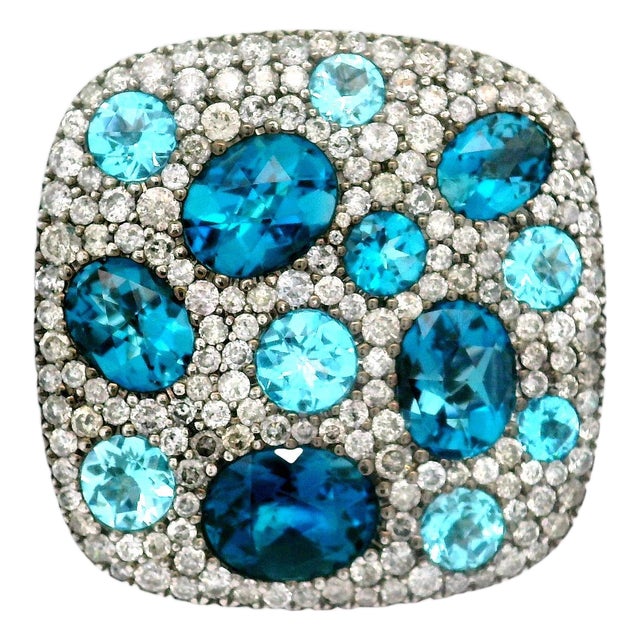 Blue Topaz Diamond 18k White Gold Pave Flat-Top Ring, Size 6.75 For Sale