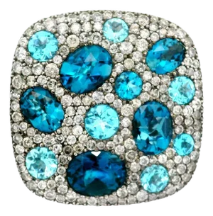 Blue Topaz Diamond 18k White Gold Pave Flat-Top Ring, Size 6.75